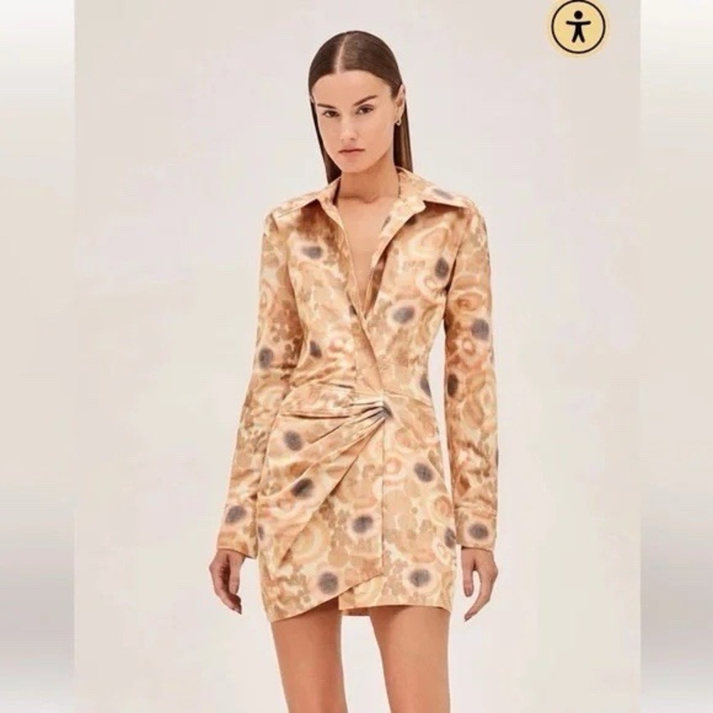 Alexis Beige and Taupe Printed Satin Wrap Mini Dress